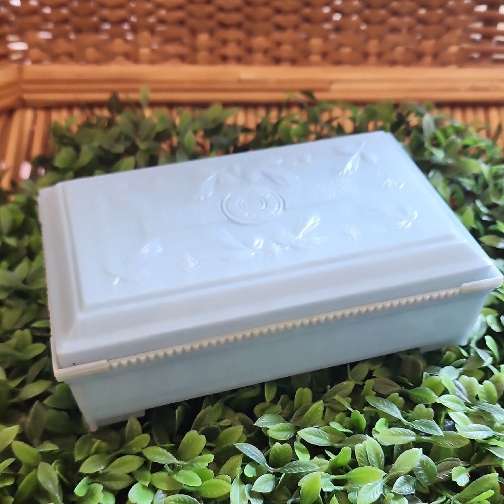 Vintage Rectangular Celluloid Lidded Vanity Table Box In Light Blue Coquette